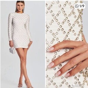 Retrofete Harlowe crystal white silver grid embellished mini dress NWT